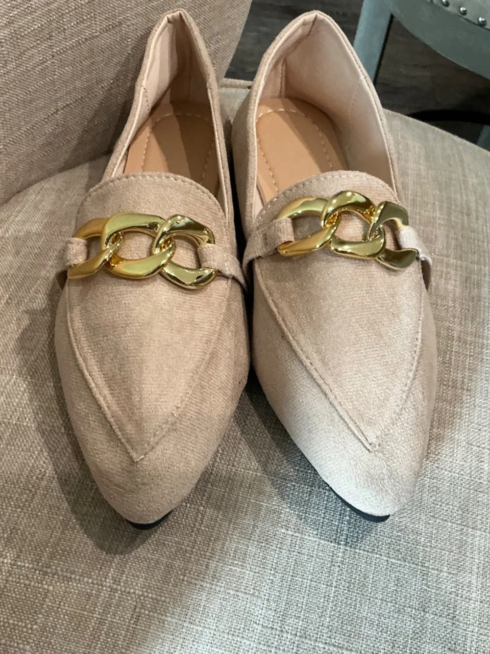Beige Pointed Toe Loafers with Gold Chain Detail